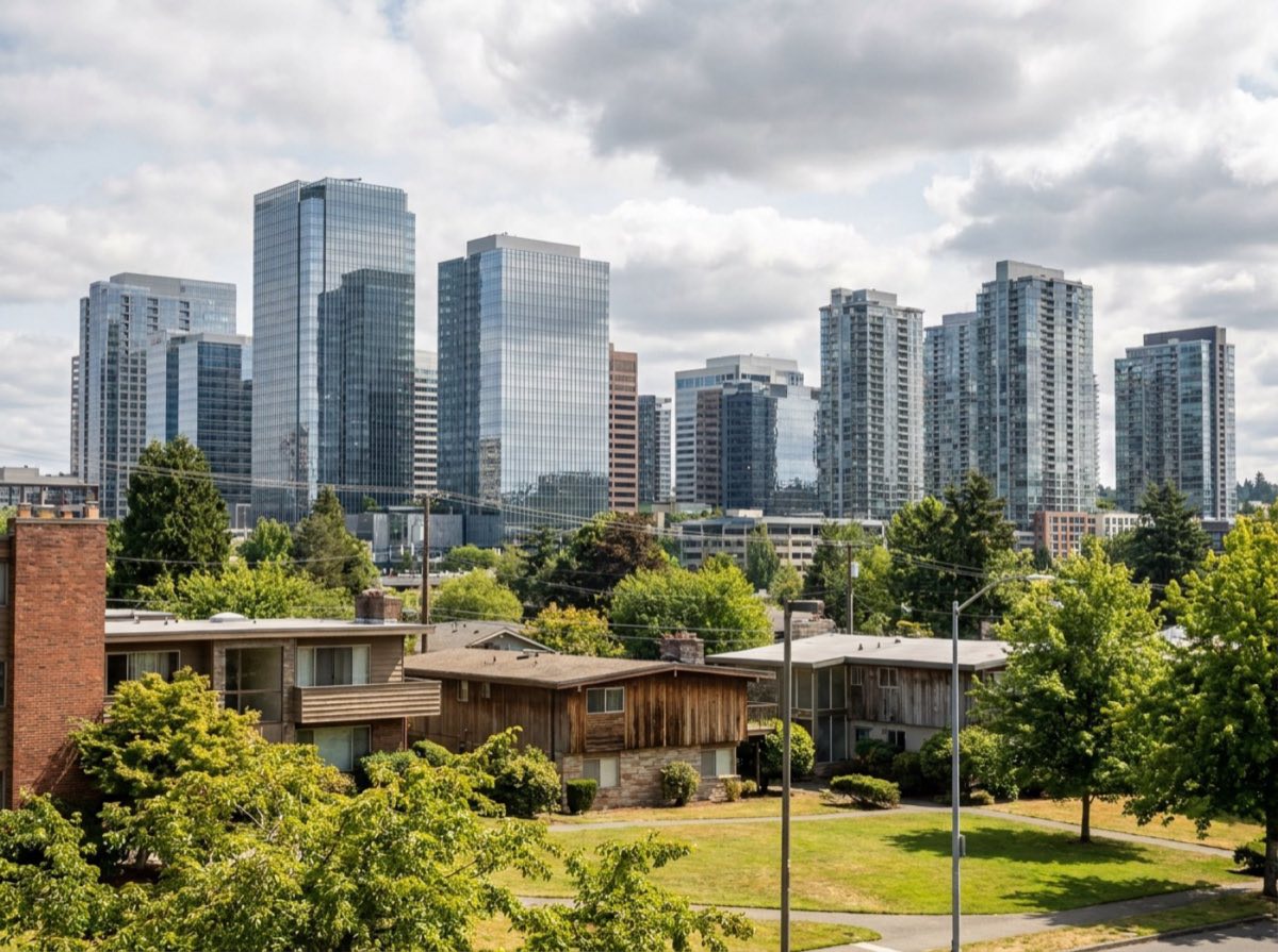 Downtown Bellevue glass towers rising behind mid-century low-rise buildings and trees