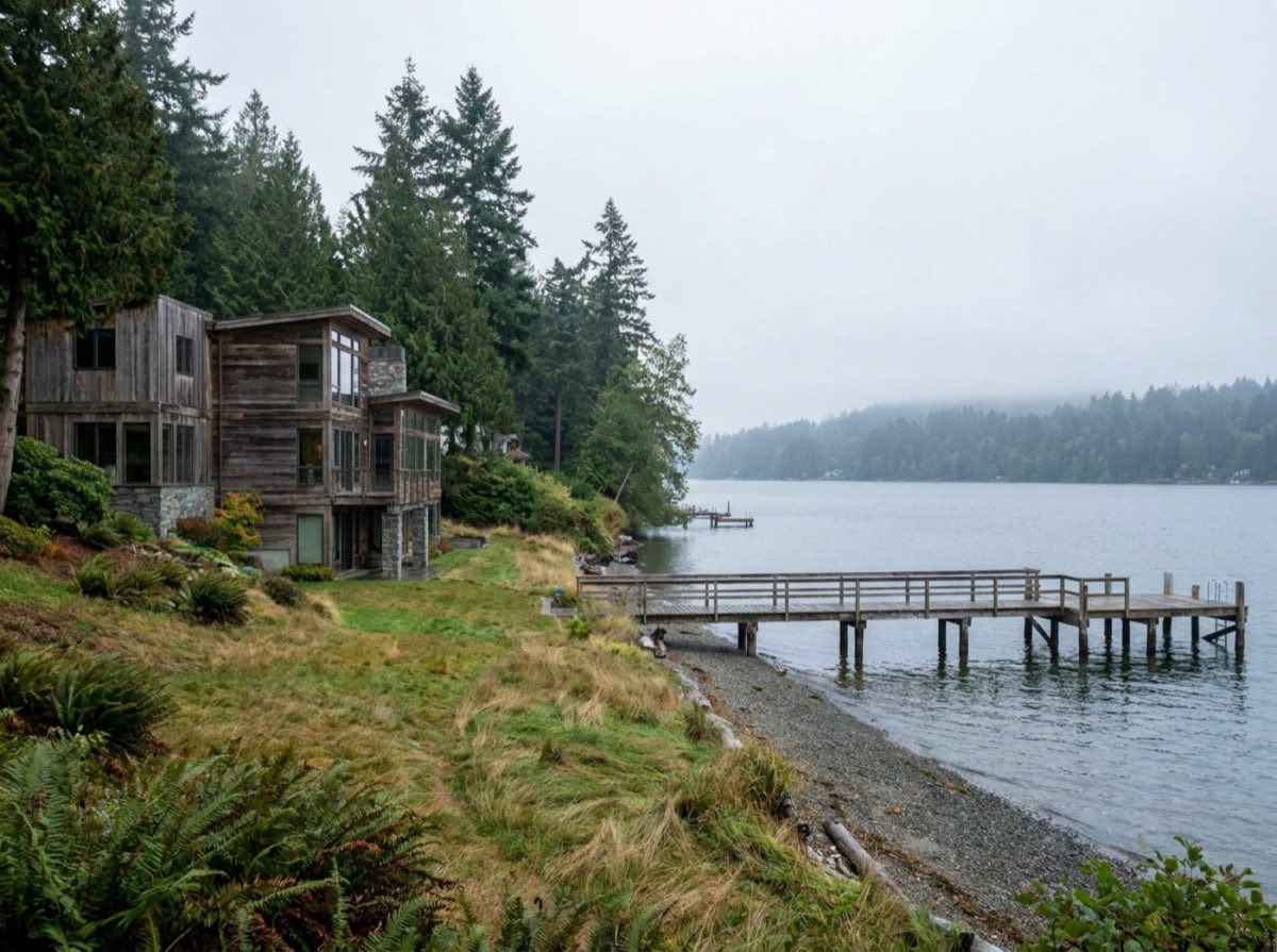 A wooded Mercer Island waterfront lot with a timber house, a sloping lawn and a private dock on Lake Washington