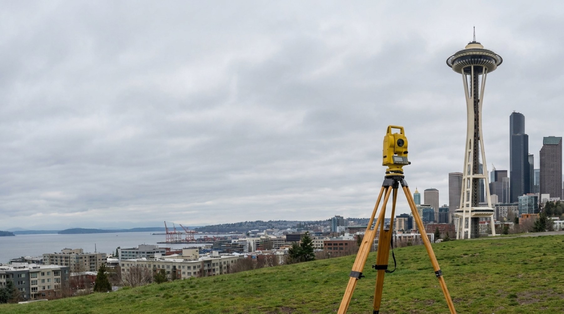 A surveying total station on a tripod on a grassy Seattle hilltop, with the Space Needle, downtown and Elliott Bay behind it under a cloudy sky